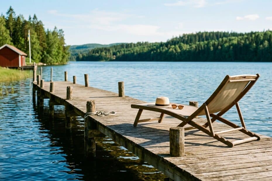 Solstol med stråhatt på en träbrygga vid en lugn sjö med en röd stuga i bakgrunden