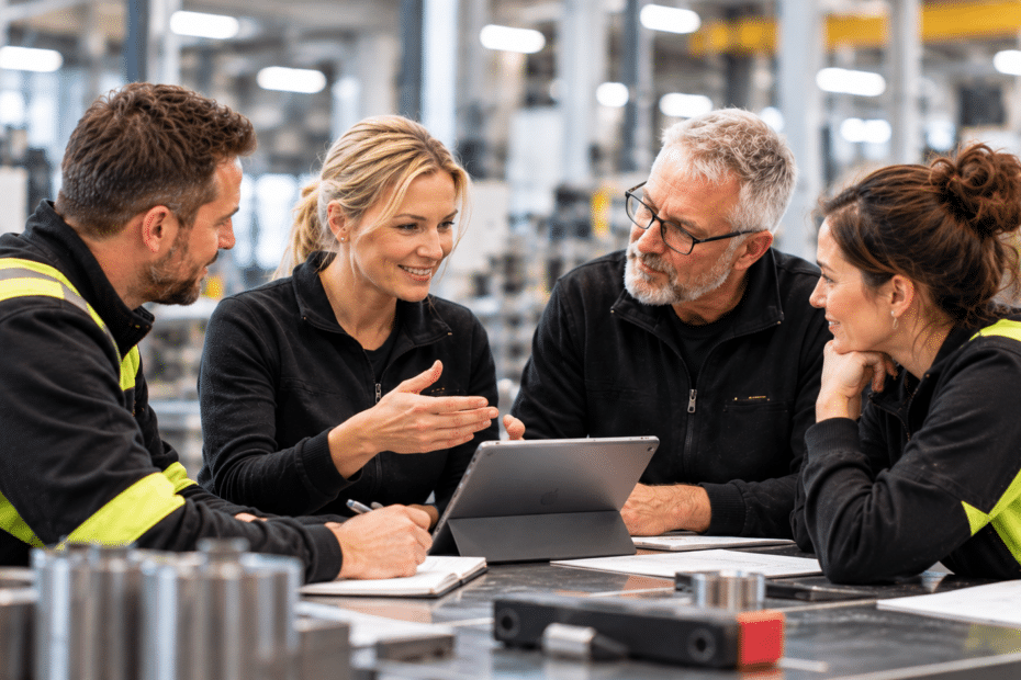 Fyra kollegor diskuterar arbetsmiljö och förebyggande åtgärder tillsammans i en industrimiljö.